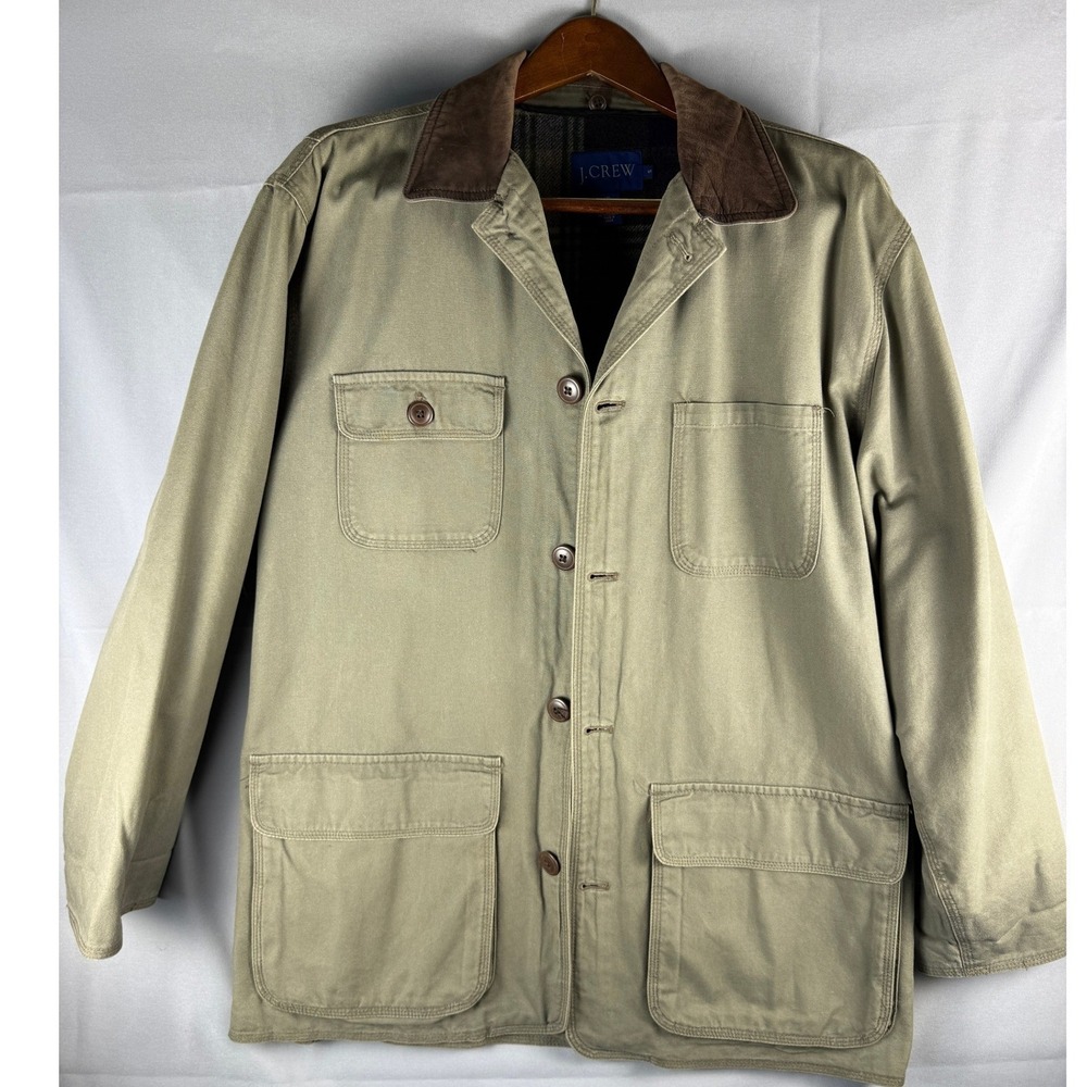 J.Crew Mens Barn Jacket Olive Green Canvas Plaid Lined Field Coat S
